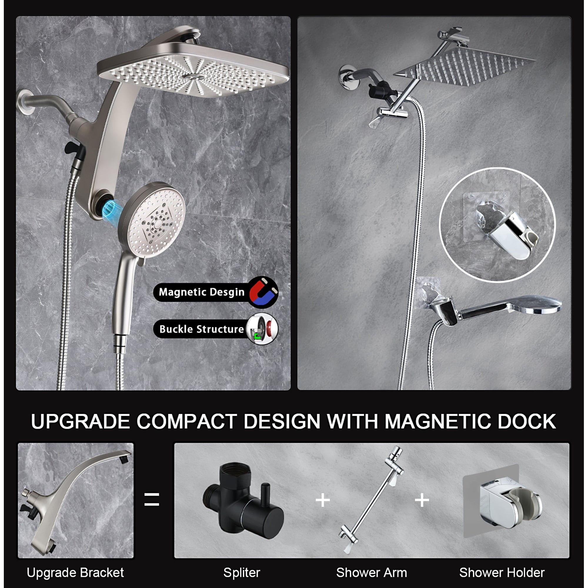 INAVAMZ 12 inch Rain Shower Head and Handheld Combo, High Pressure Shower, 3+8+1 Spray Modes, Magnetic Dock, Power Jet, Anti-Clog Nozzles, 60" Hose,Nickel