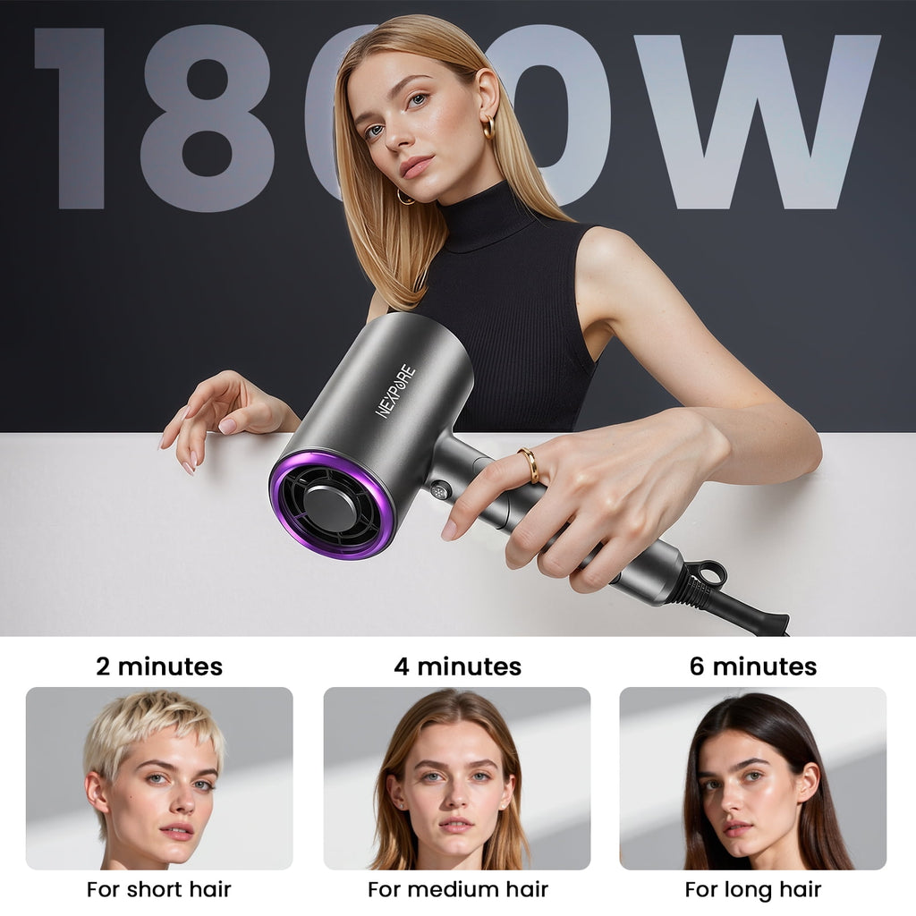Hair Dryer, NEXPURE 1800W Professional Ionic Blow Dryer for Hair Care, Powerful Wind for Hair Drying, 2 Attachments, Grey