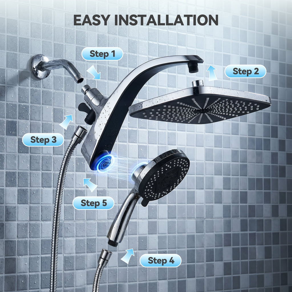 INAVAMZ 12 inch Rain Shower Head and Handheld Combo, High Pressure Shower, 3+8+1 Spray Modes, Magnetic Dock, Power Jet, Anti-Clog Nozzles, 60" Hose,Silver