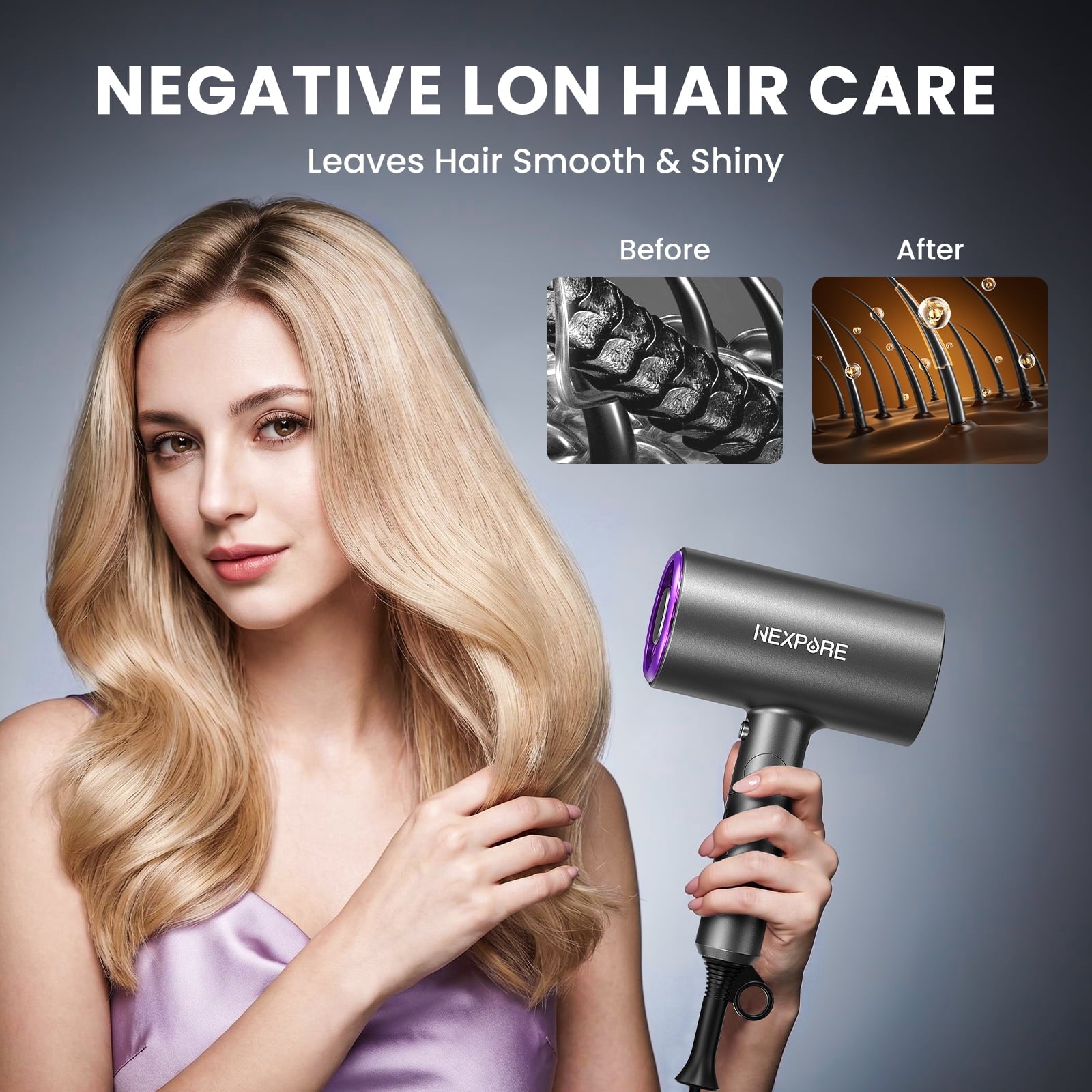Hair Dryer, NEXPURE 1800W Professional Ionic Blow Dryer for Hair Care, Powerful Wind for Hair Drying, 2 Attachments, Grey