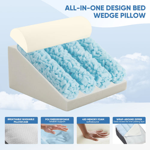 AMTPM Bed Wedge Pillow, Double Layer Memory Foam Wedge Pillow with Detachable Roll Pillow, Washable Cover & Side Pocket for Reading Relaxing