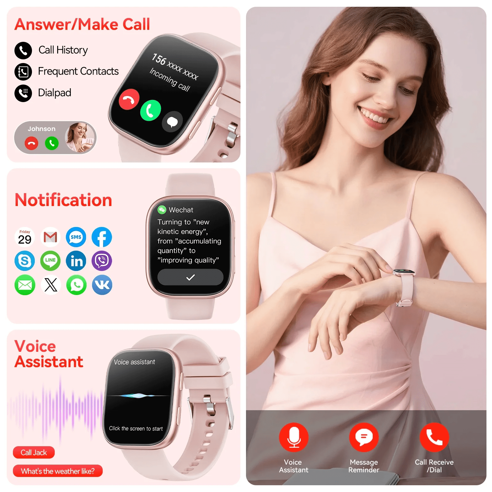 Smart Watch Fits for Android & iPhone, 1.85 inch Fitness Tracker, Men Womens Smartwatch with Make/Answer Calls/Message Reminder/100+ Sports Models, IP68 Waterproof Pedometer Watch, Perfect Gift, Pink