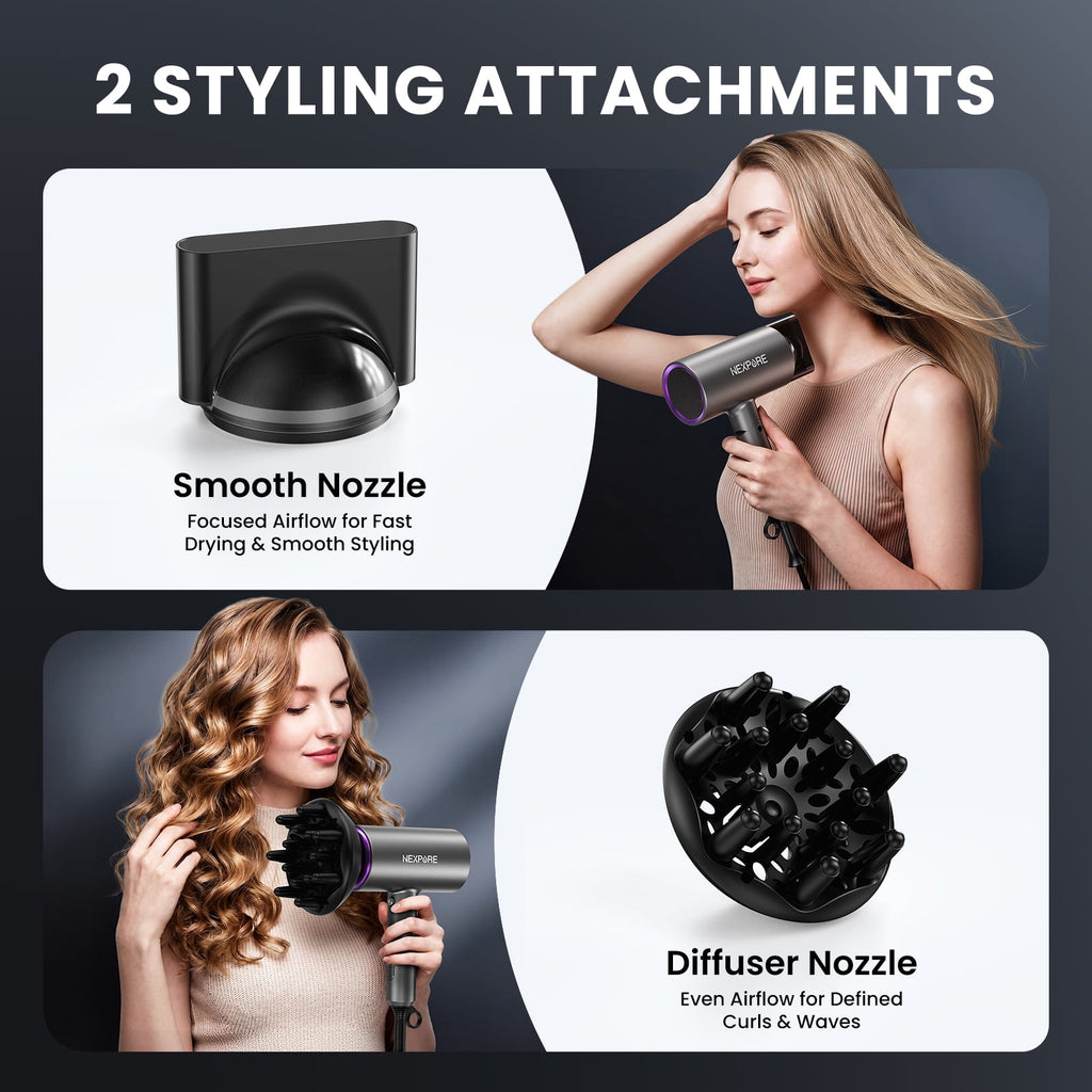 Hair Dryer, NEXPURE 1800W Professional Ionic Blow Dryer for Hair Care, Powerful Wind for Hair Drying, 2 Attachments, Grey