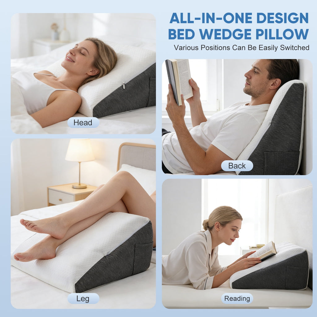 AMTPM Bed Wedge Pillow, Double Layer Memory Foam Wedge Pillow with Detachable Roll Pillow, Washable Cover & Side Pocket for Reading Relaxing