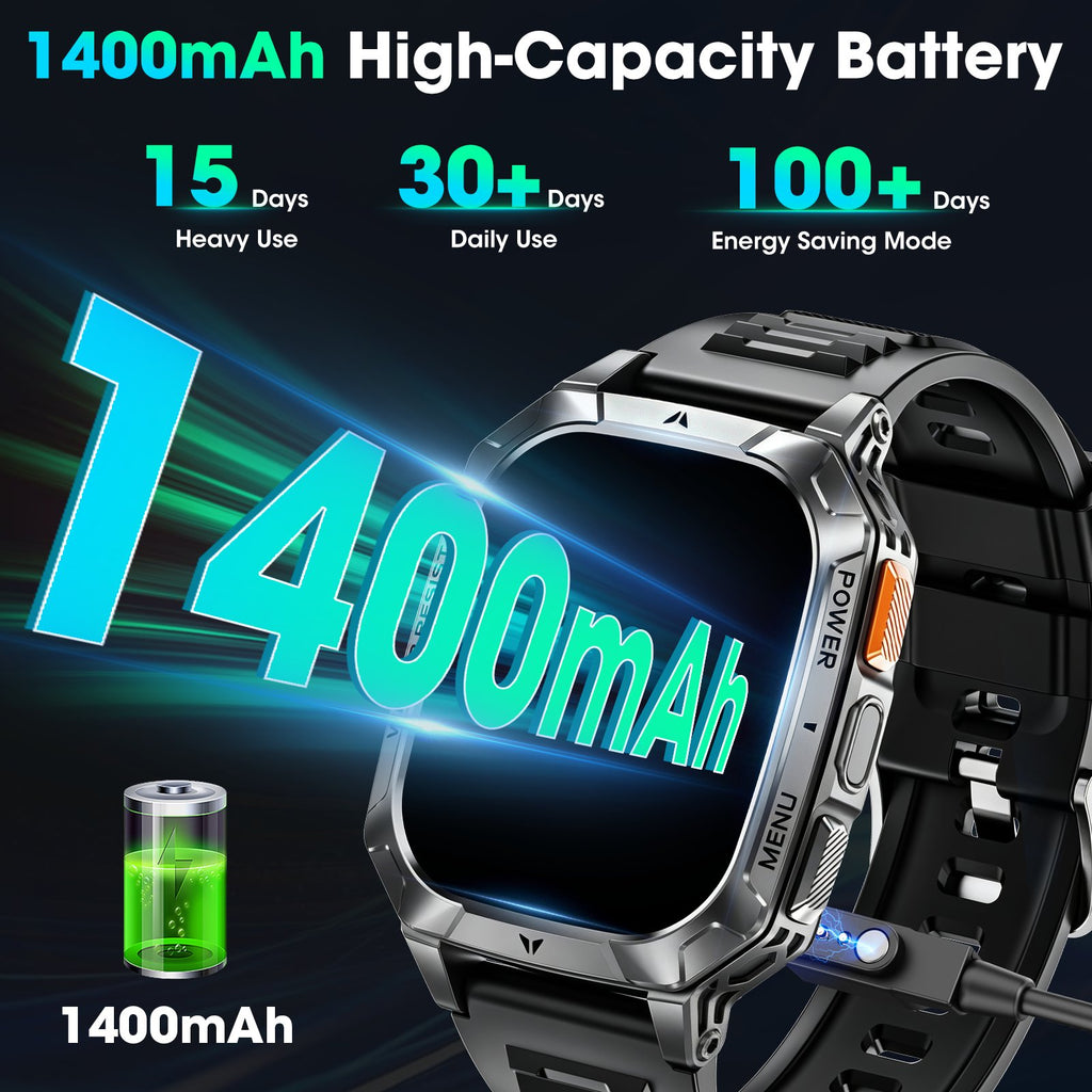 Smart Watch for Men, 2.01" HD 1400mAh Smart Watch Fits for Android and iPhone, Fitness Tracker, Military Smart Watch with 100 + Sports Modes, Bluetooth Call/Answer, IP68 Waterproof Smartwatch, Gifts