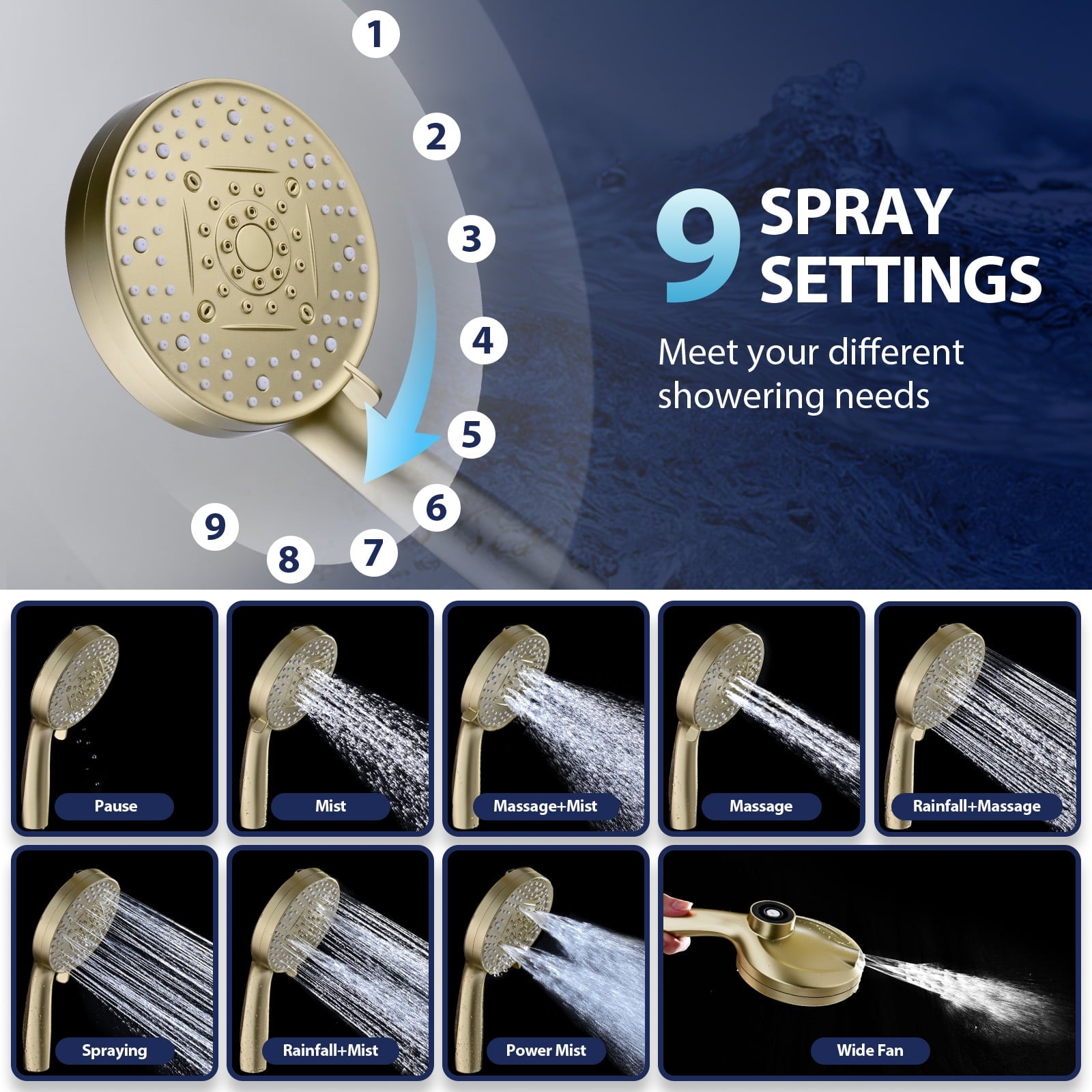 INAVAMZ 12 inch Rain Shower Head and Handheld Combo, High Pressure Shower, 3+8+1 Spray Modes, Magnetic Dock, Power Jet, Anti-Clog Nozzles, 60" Hose,Gold