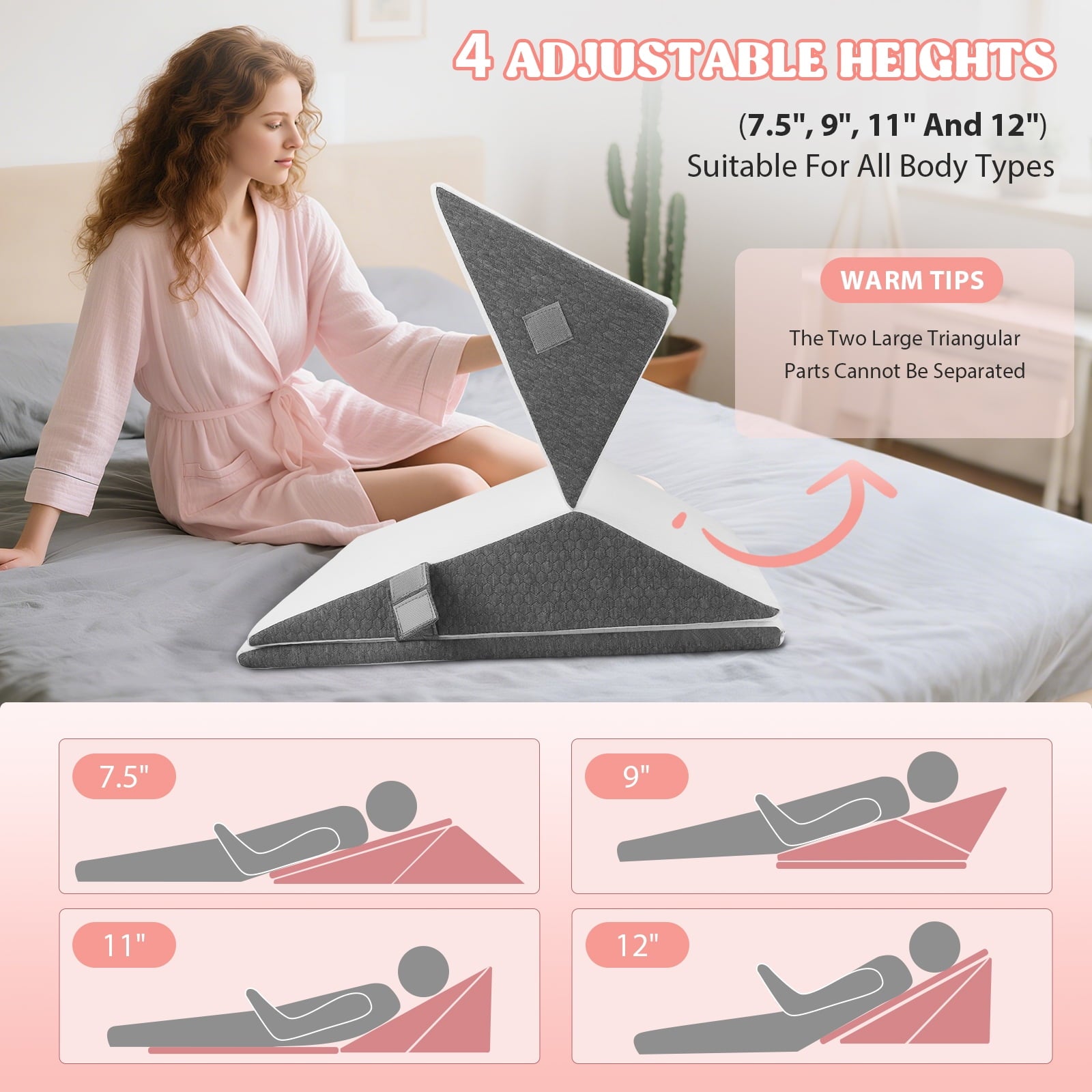AMTPM 4-in-1 Wedge Pillow，7.5-12 Inches Adjustable Height , Separable Dual-Layer Memory Foam Bed Wedge Pillow for Acid Reflux, Snoring & Pregnancy