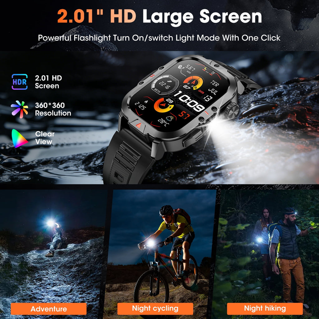 Smartwatch for Men with Fitness Tracker, 2.01-inch Answer/Make Calls/100+ Sport Modes, IP68 Waterproof, men's Military Smartwatch compatible with Android IPhone Devices (Black)