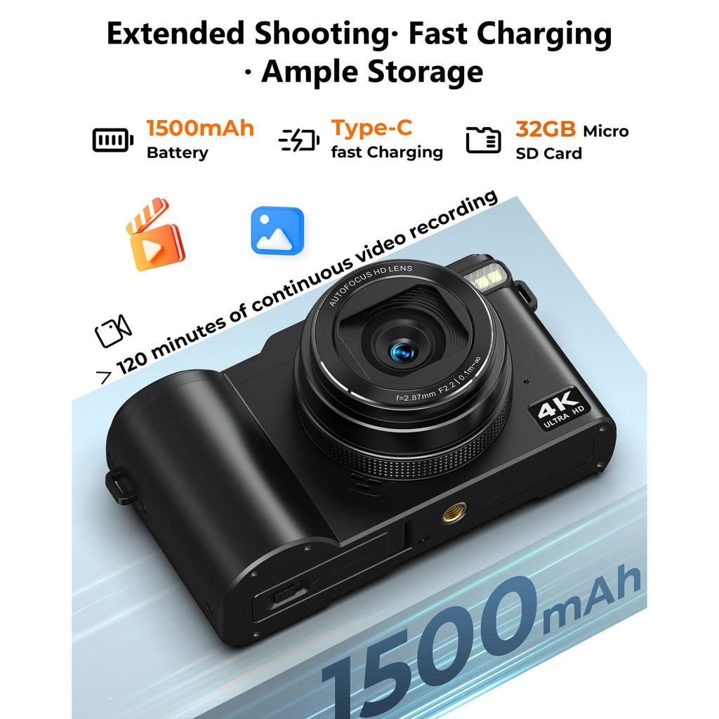 SEREE Digital Camera 4K 64MP Vlogging Camera for Photography, 18x Zoom, Autofocus, Flip Screen with 32GB Card