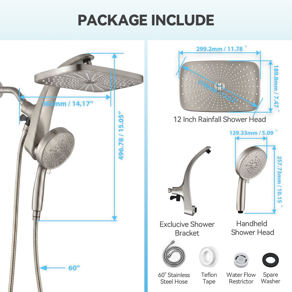 INAVAMZ 12 inch Rain Shower Head and Handheld Combo, High Pressure Shower, 3+8+1 Spray Modes, Magnetic Dock, Power Jet, Anti-Clog Nozzles, 60" Hose,Nickel