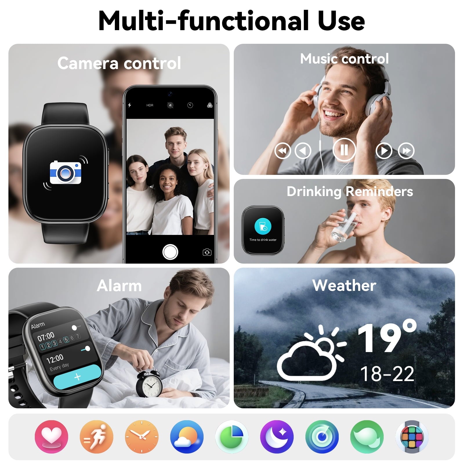 Smart Watch Fits for Android & iPhone, 1.85 inch Fitness Tracker, Men Womens Smartwatch with Make/Answer Calls/Message Reminder/100+ Sport Models, IP68 Waterproof Pedometer Watch, Perfect Gift, Black