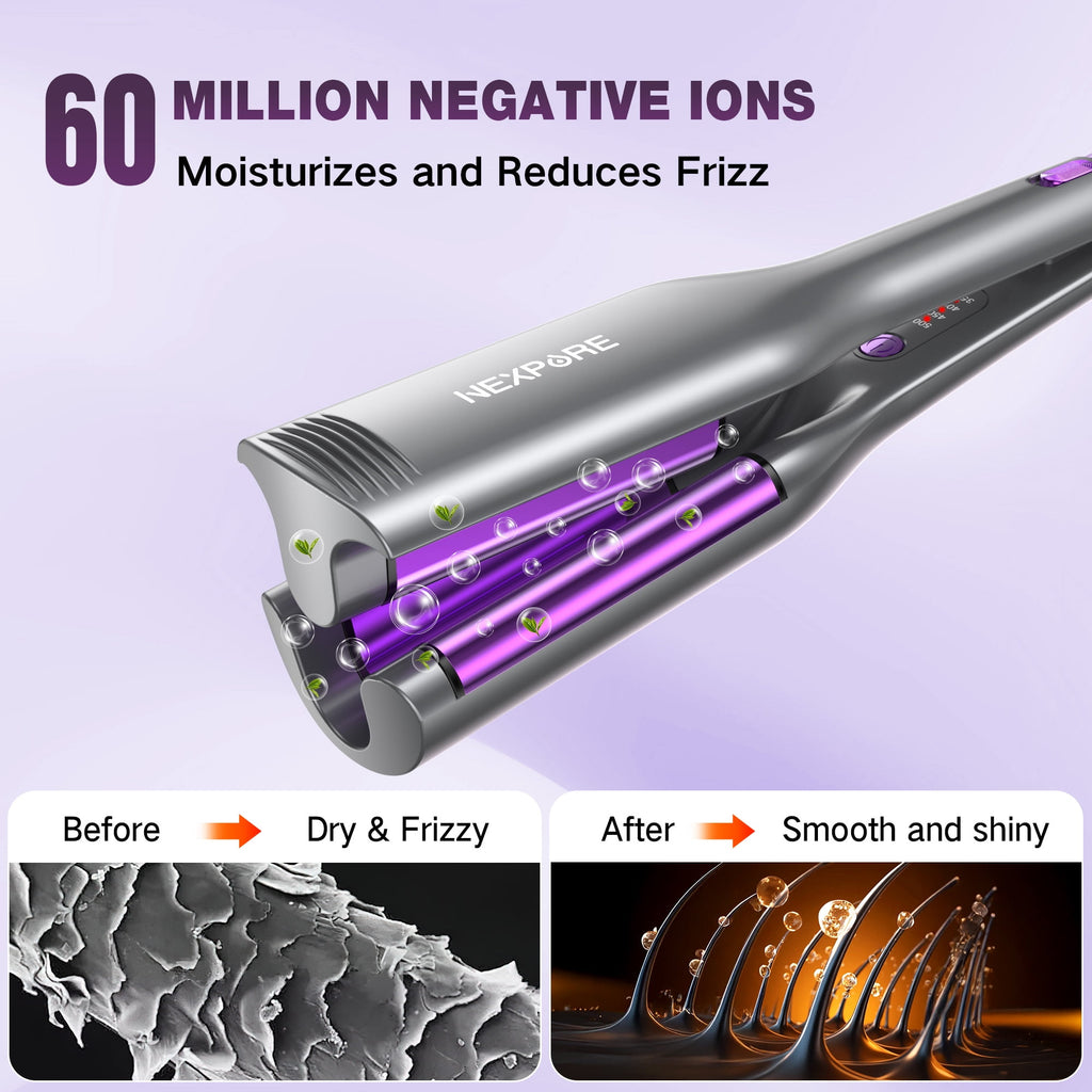 NEXPURE 1.25 Inch Hair Crimper Waver, 3 Barrels Deep Waver Hair Curler, Ceramic Curling Iron for Women, 10S Heat up, Anti-Scald, Purple