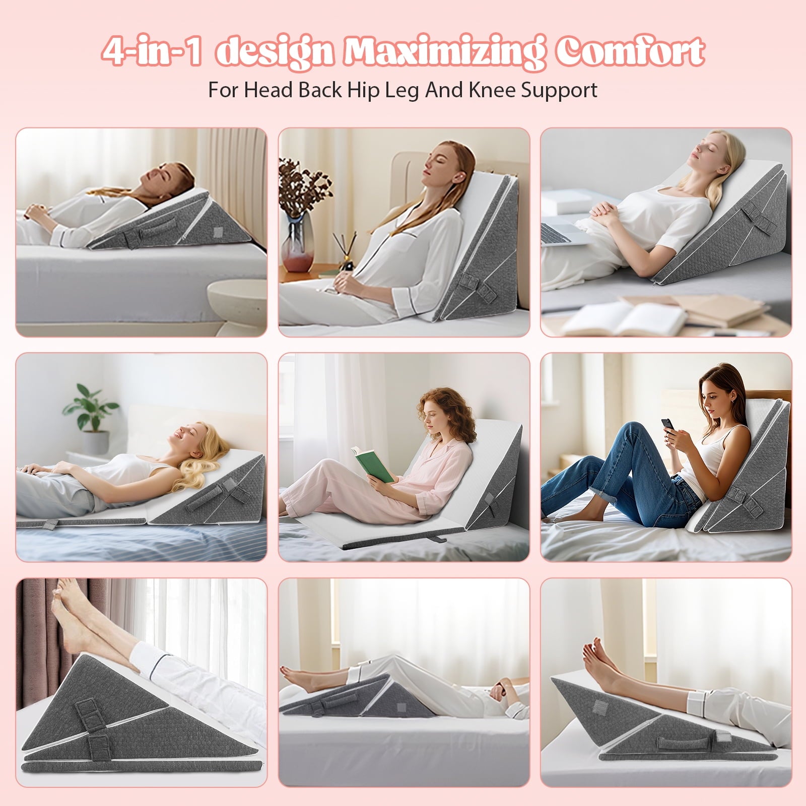 AMTPM 4-in-1 Wedge Pillow，7.5-12 Inches Adjustable Height , Separable Dual-Layer Memory Foam Bed Wedge Pillow for Acid Reflux, Snoring & Pregnancy