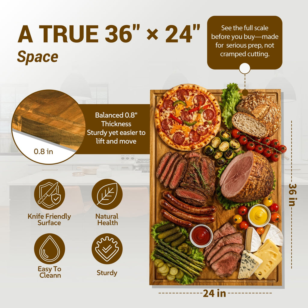 Sentsu 36x24 Extra Large Acacia Wood Cutting Boards with Juice Groove and Handles, 5XL Stove Top Cover Thick Heavy Duty Pre-Oiled