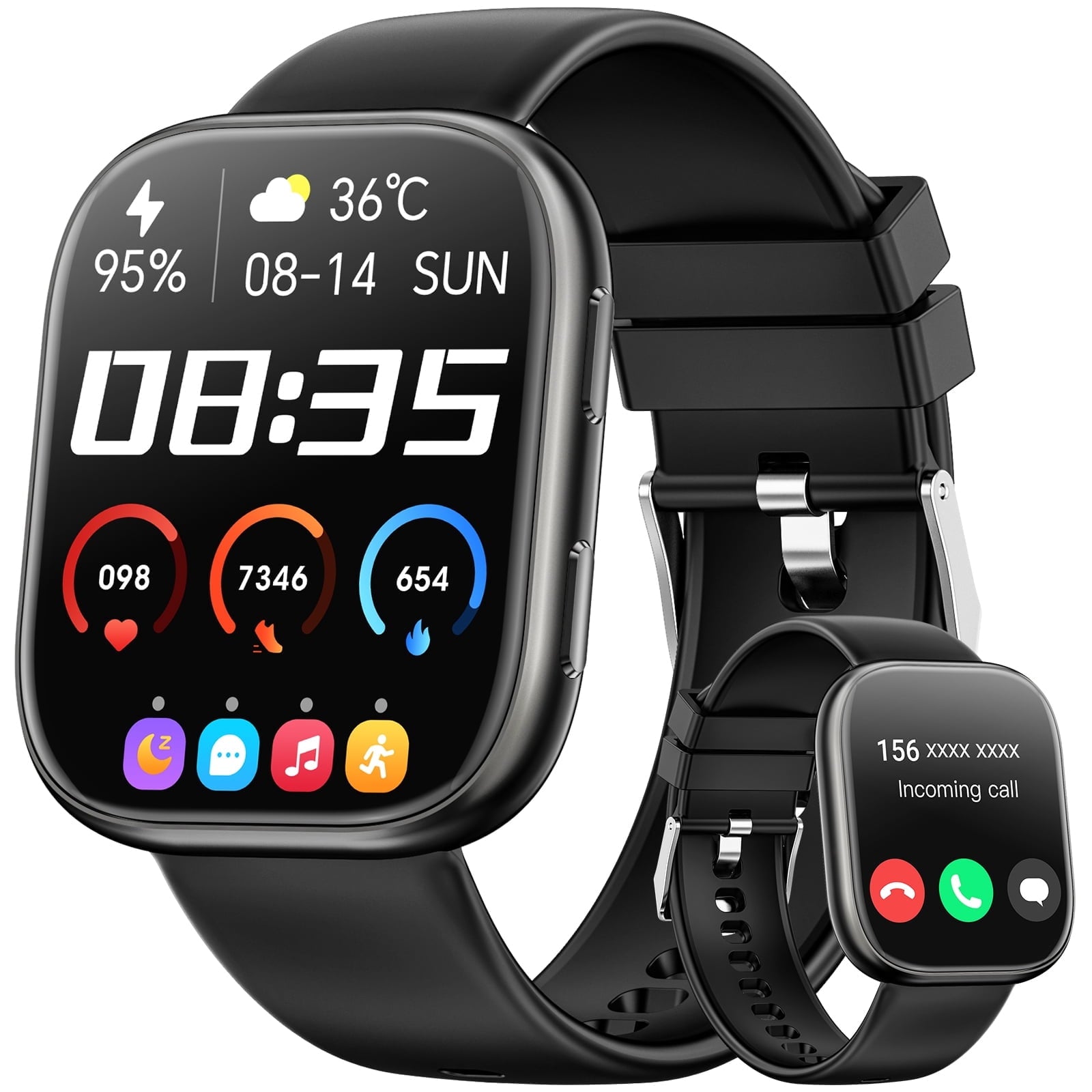 Smart Watch Fits for Android & iPhone, 1.85 inch Fitness Tracker, Men Womens Smartwatch with Make/Answer Calls/Message Reminder/100+ Sport Models, IP68 Waterproof Pedometer Watch, Perfect Gift, Black