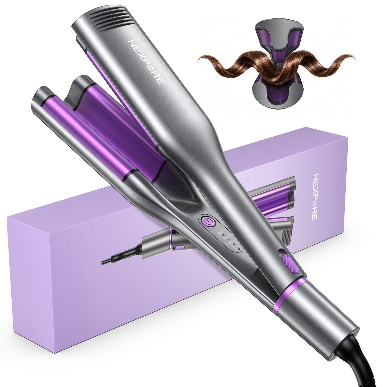 NEXPURE 1.25 Inch Hair Crimper Waver, 3 Barrels Deep Waver Hair Curler, Ceramic Curling Iron for Women, 10S Heat up, Anti-Scald, Purple