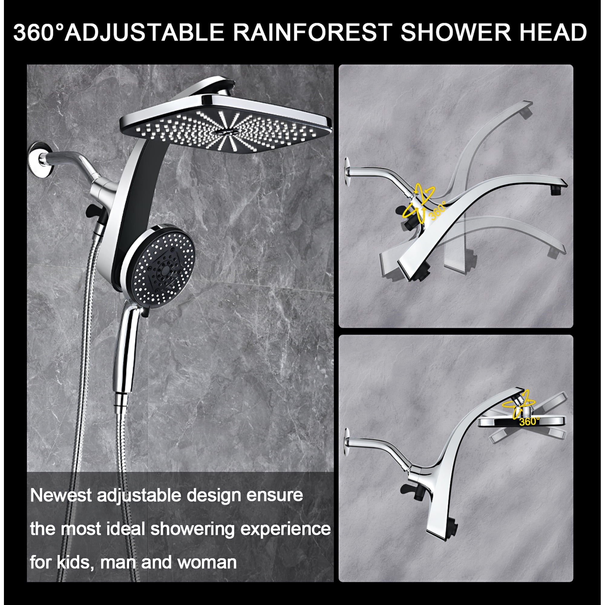 INAVAMZ 12 inch Rain Shower Head and Handheld Combo, High Pressure Shower, 3+8+1 Spray Modes, Magnetic Dock, Power Jet, Anti-Clog Nozzles, 60" Hose,Silver