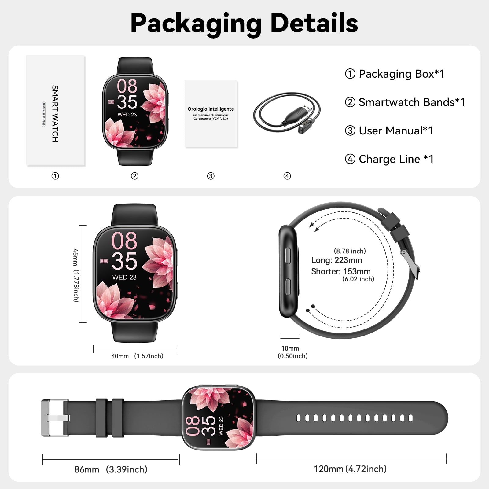 Smart Watch Fits for Android & iPhone, 1.85 inch Fitness Tracker, Men Womens Smartwatch with Make/Answer Calls/Message Reminder/100+ Sport Models, IP68 Waterproof Pedometer Watch, Perfect Gift, Black