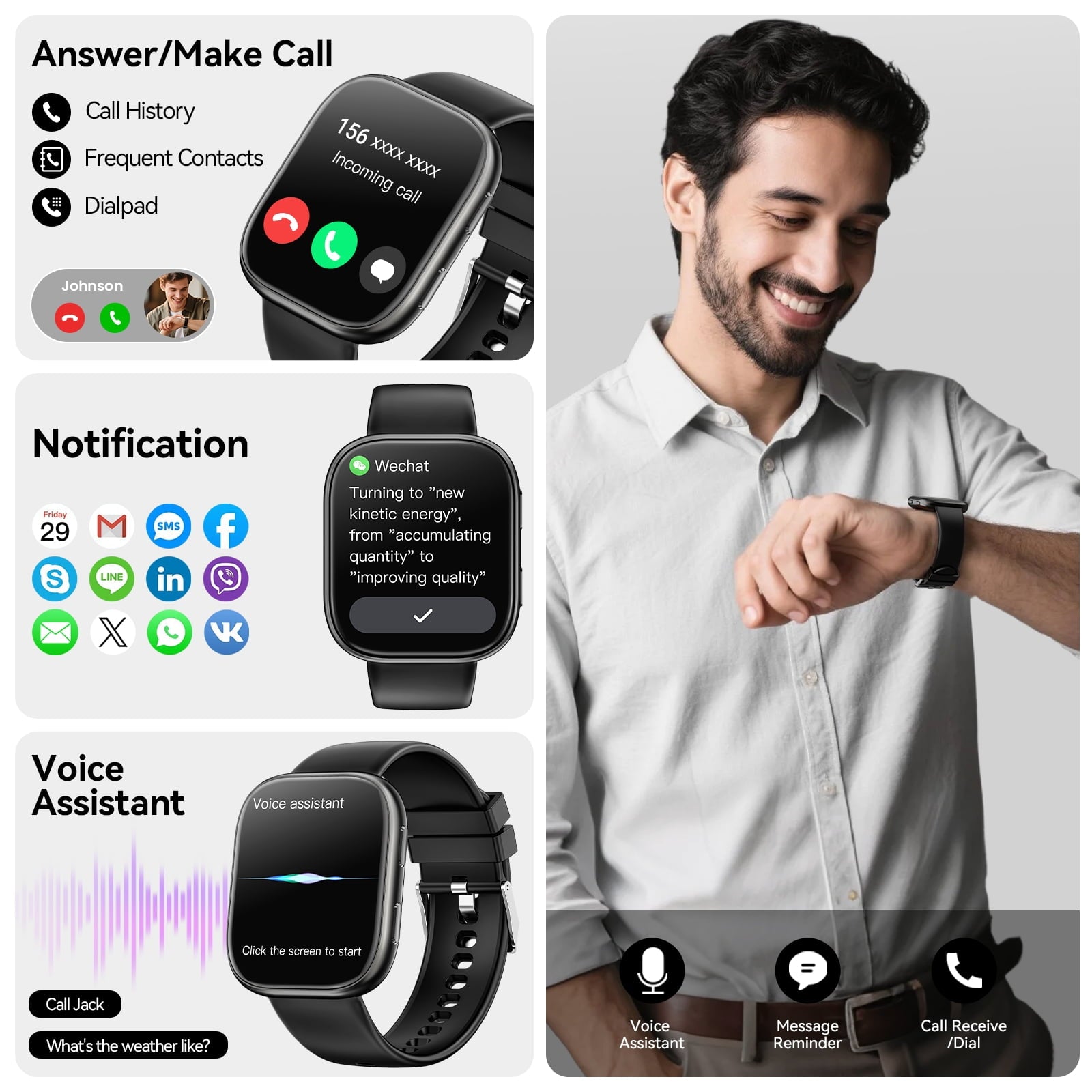 Smart Watch Fits for Android & iPhone, 1.85 inch Fitness Tracker, Men Womens Smartwatch with Make/Answer Calls/Message Reminder/100+ Sport Models, IP68 Waterproof Pedometer Watch, Perfect Gift, Black