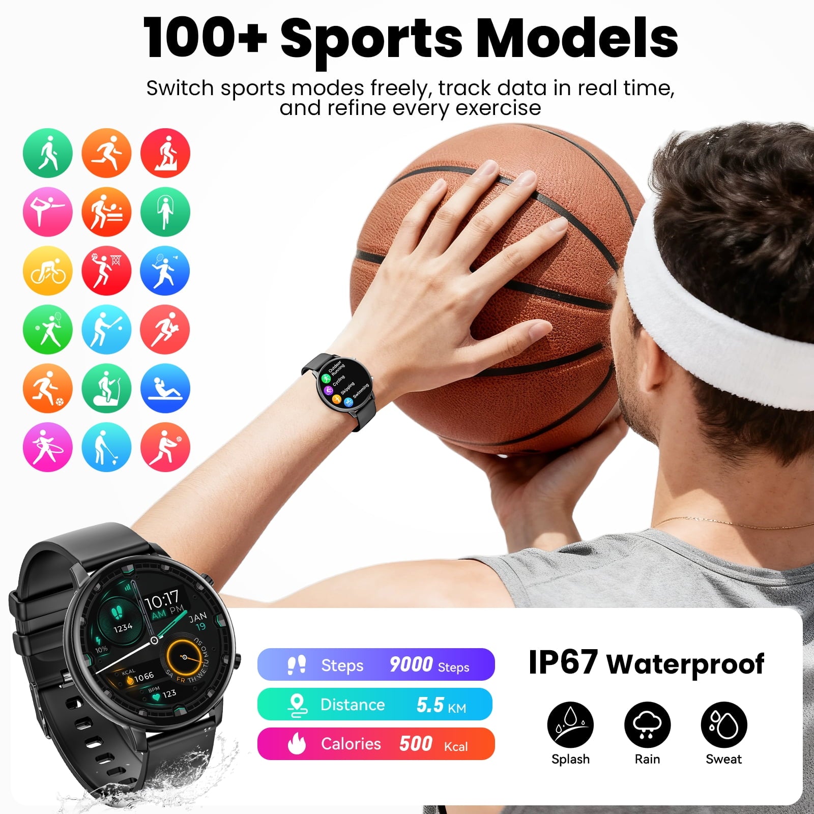 Smart Watch for Men, 1.39" Fitness Tracker with Bluetooth Calls(Answer&Make&Message Reminder), Smart Watch Fits for Android and iPhone, IP68 Waterproof, 100+ Sport Modes Smartwatch, for Gift, Black