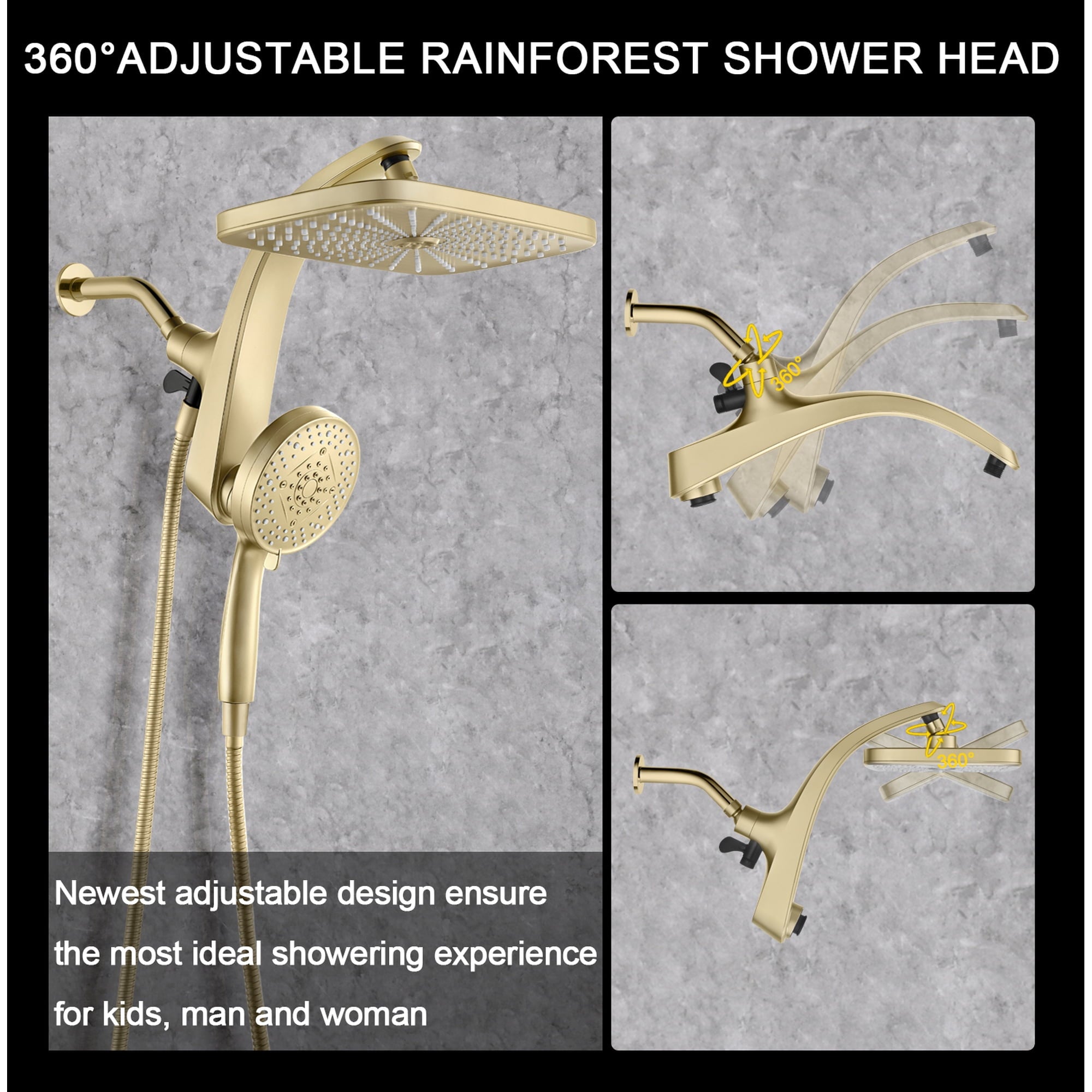 INAVAMZ 12 inch Rain Shower Head and Handheld Combo, High Pressure Shower, 3+8+1 Spray Modes, Magnetic Dock, Power Jet, Anti-Clog Nozzles, 60" Hose,Gold
