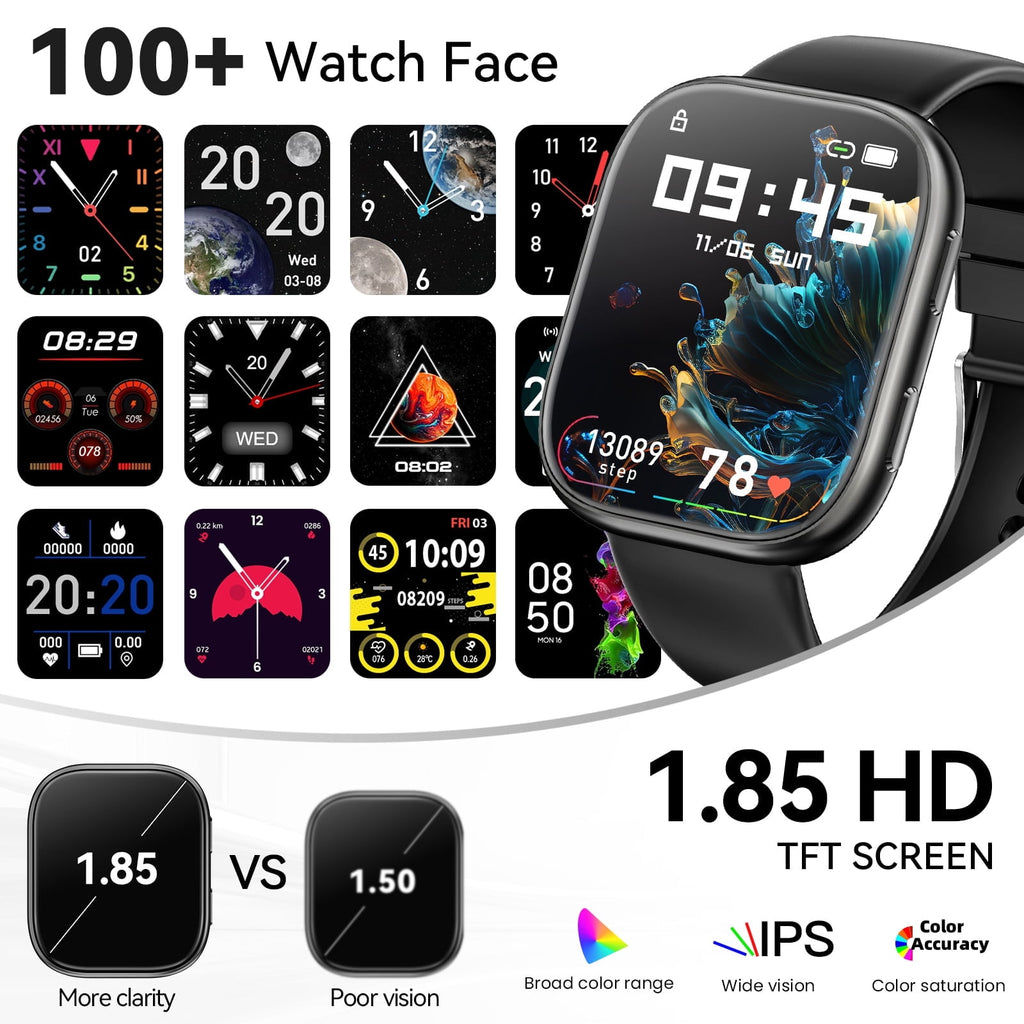 Smart Watch Fits for Android & iPhone, 1.85 inch Fitness Tracker, Men Womens Smartwatch with Make/Answer Calls/Message Reminder/100+ Sport Models, IP68 Waterproof Pedometer Watch, Perfect Gift, Black