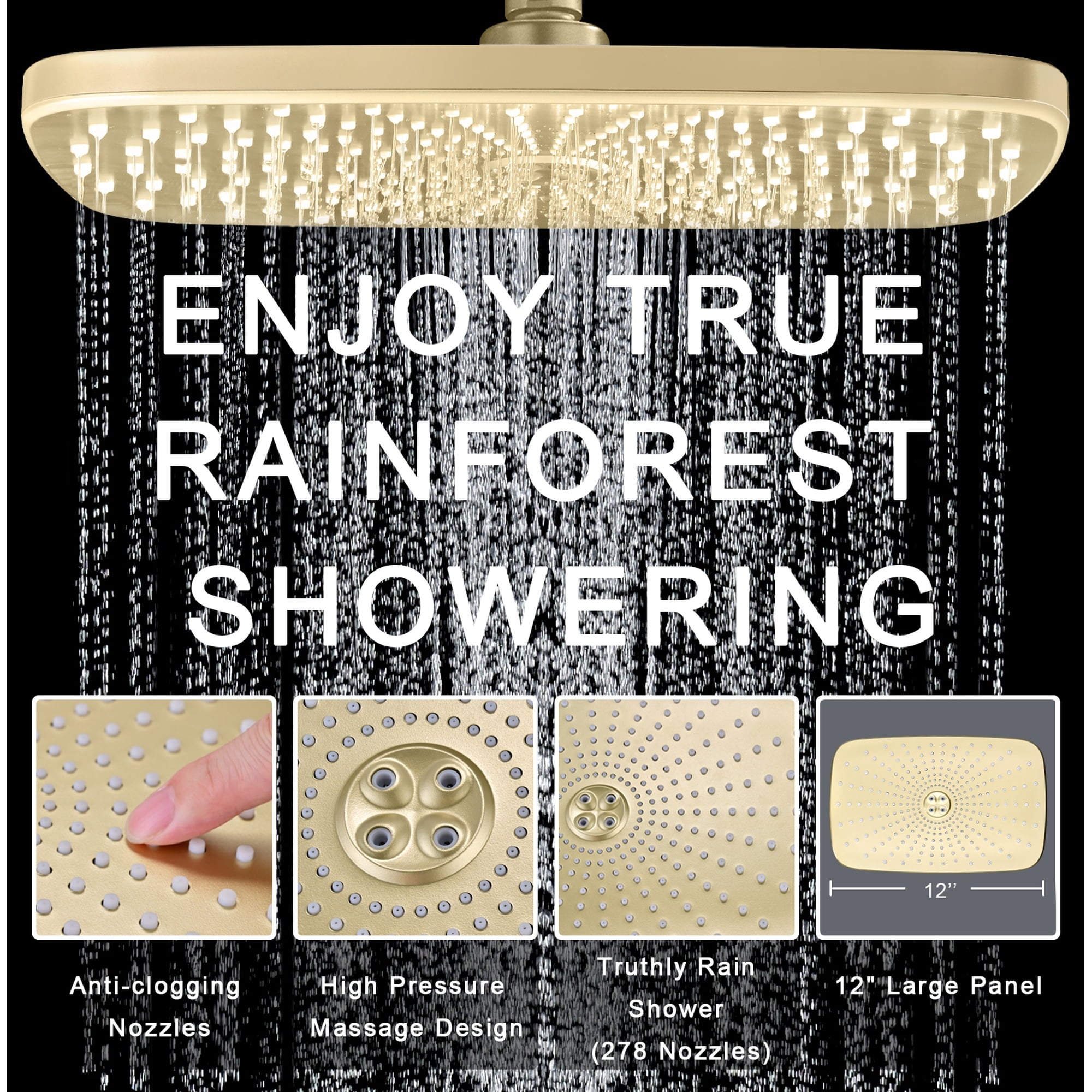 INAVAMZ 12 inch Rain Shower Head and Handheld Combo, High Pressure Shower, 3+8+1 Spray Modes, Magnetic Dock, Power Jet, Anti-Clog Nozzles, 60" Hose,Gold